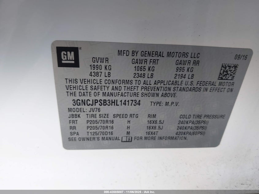 2017 CHEVROLET TRAX LT - 3GNCJPSB3HL141734