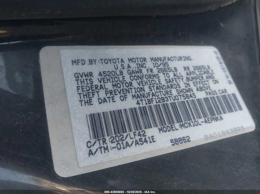 1996 Toyota Avalon Xl/Xls VIN: 4T1BF12B3TU075845 Lot: 43585000