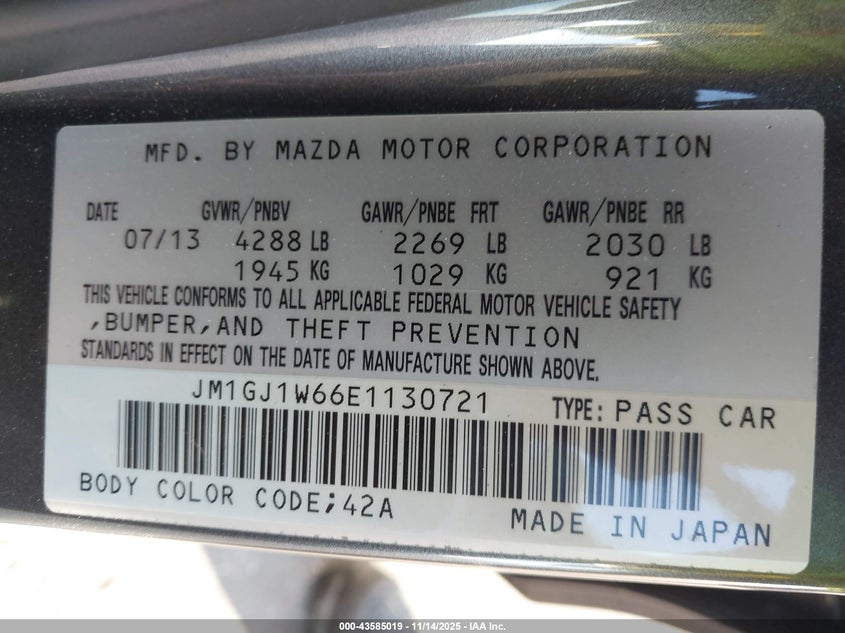 2014 Mazda Mazda6 I Grand Touring VIN: JM1GJ1W66E1130721 Lot: 43585019