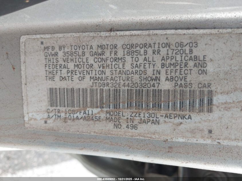 2004 Toyota Corolla Le VIN: JTDBR32E442032047 Lot: 43585053