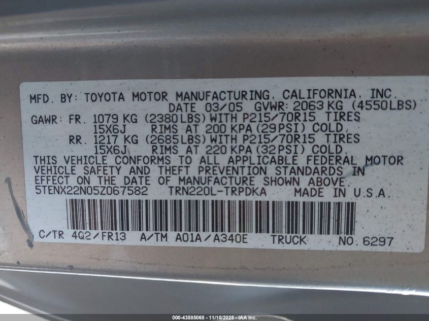 2005 Toyota Tacoma VIN: 5TENX22N05Z067582 Lot: 43585068