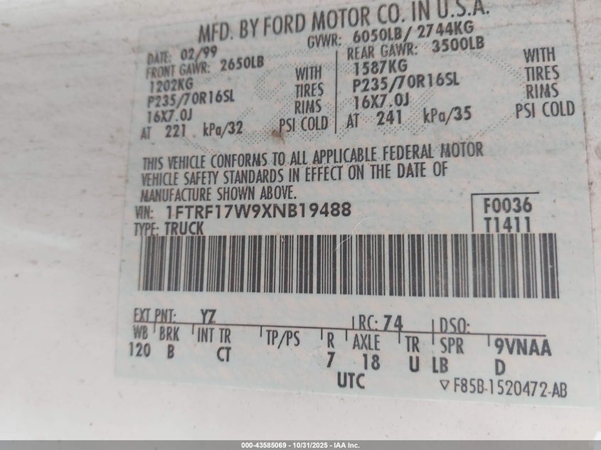1999 Ford F-150 Lariat/Work Series/Xl/Xlt VIN: 1FTRF17W9XNB19488 Lot: 43585069