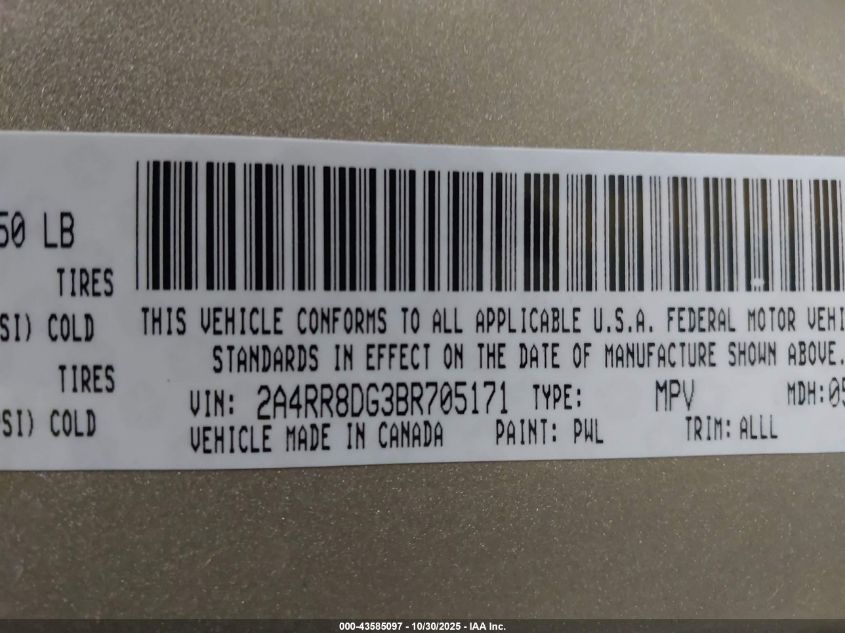 2011 Chrysler Town & Country Touring-L VIN: 2A4RR8DG3BR705171 Lot: 43585097