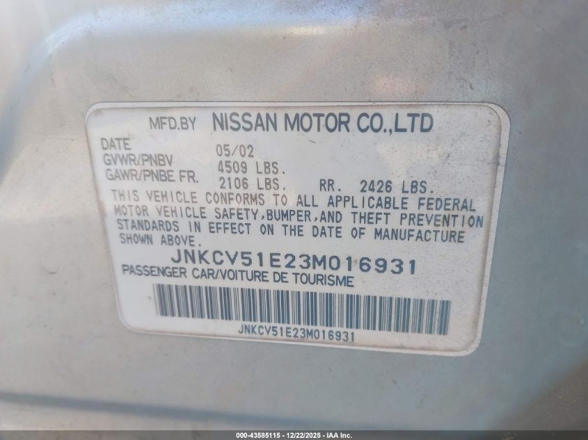 2003 Infiniti G35 Luxury Leather VIN: JNKCV51E23M016931 Lot: 43585115