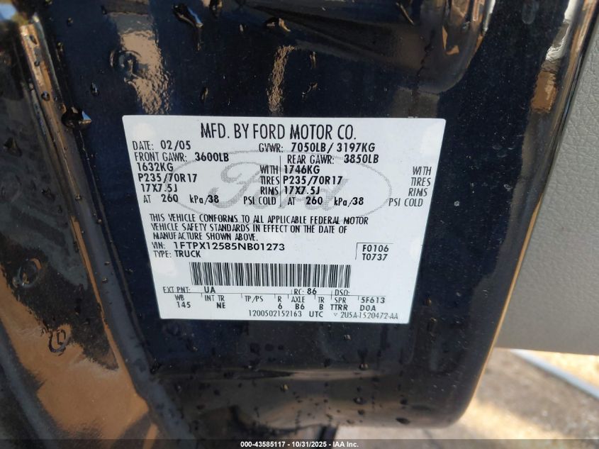 2005 Ford F-150 Lariat/Xl/Xlt VIN: 1FTPX12585NB01273 Lot: 43585117