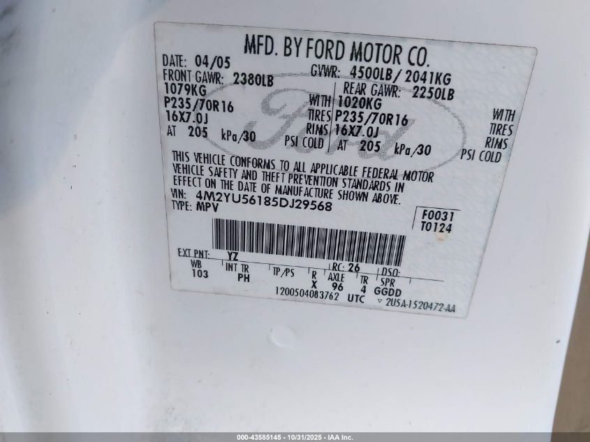 2005 Mercury Mariner Luxury/Premier VIN: 4M2YU56185DJ29568 Lot: 43585145