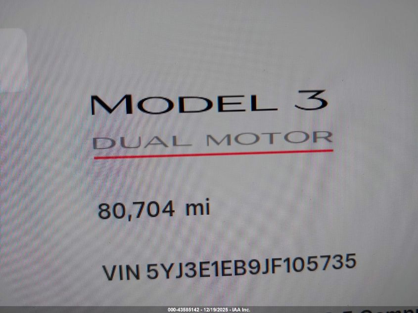 2018 Tesla Model 3 Long Range/Performance VIN: 5YJ3E1EB9JF105735 Lot: 43585142