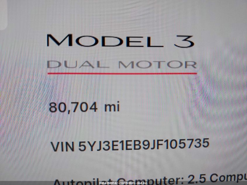 2018 Tesla Model 3 Long Range/Performance VIN: 5YJ3E1EB9JF105735 Lot: 43585142