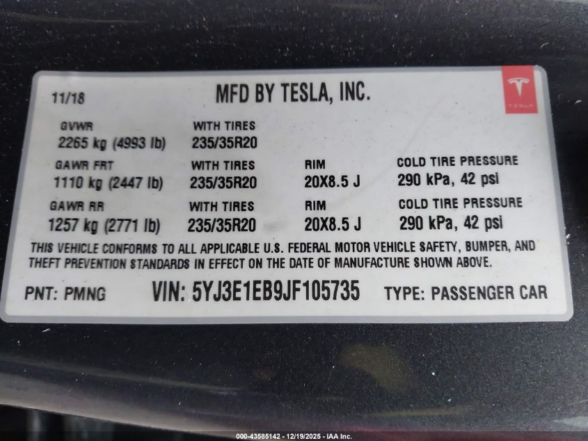 2018 Tesla Model 3 Long Range/Performance VIN: 5YJ3E1EB9JF105735 Lot: 43585142