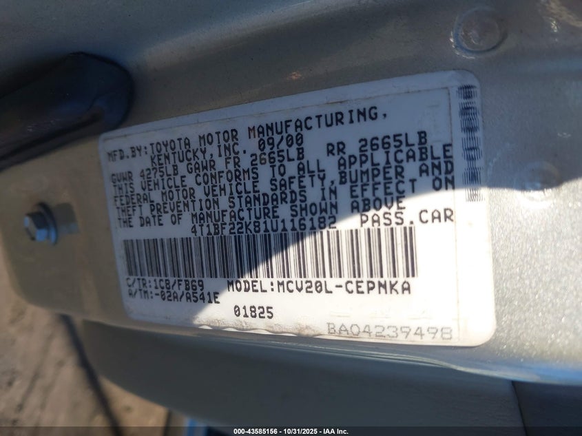 4T1BF22K81U116182 2001 TOYOTA CAMRY photo no. 9