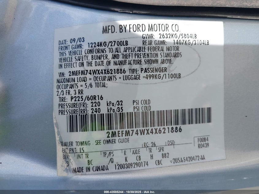 2004 Mercury Grand Marquis Gs VIN: 2MEFM74WX4X621886 Lot: 43585244