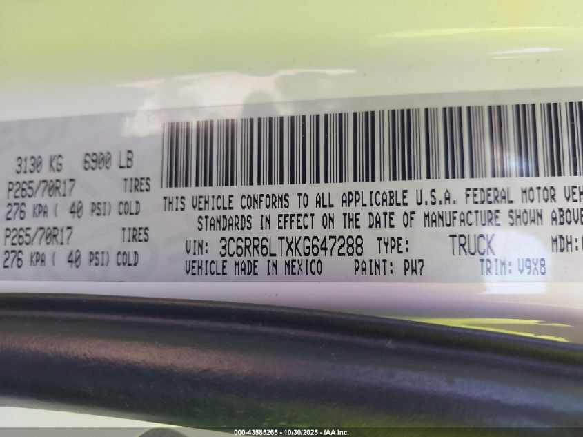 2019 Ram 1500 Classic Slt VIN: 3C6RR6LTXKG647288 Lot: 43585265
