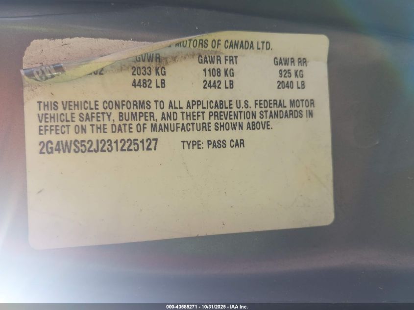 2003 Buick Century Custom VIN: 2G4WS52J231225127 Lot: 43585271
