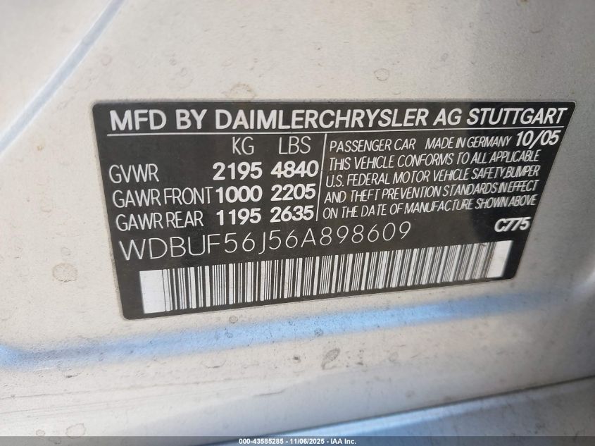 2006 Mercedes-Benz E 350 VIN: WDBUF56J56A898609 Lot: 43585285