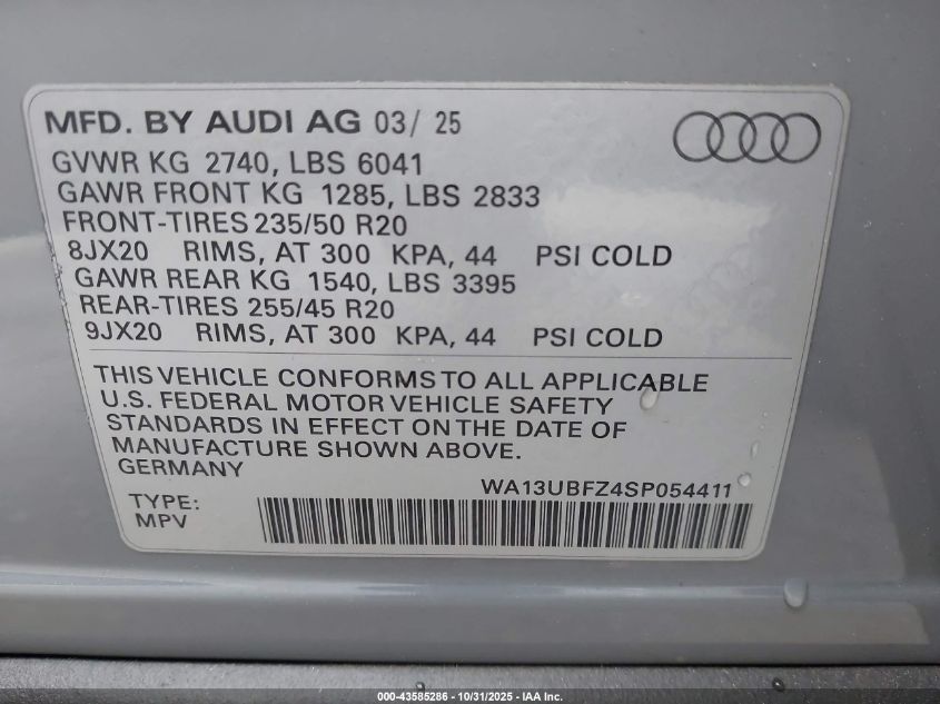 2025 Audi Q4 Sportback E-Tron Premium Plus 55 Quattro VIN: WA13UBFZ4SP054411 Lot: 43585286