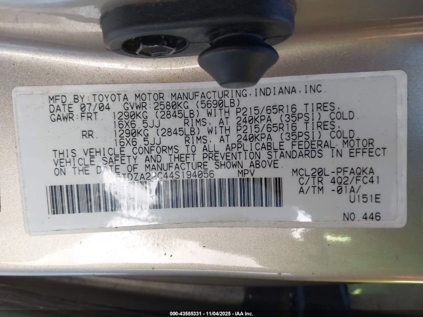 2004 Toyota Sienna Xle VIN: 5TDZA22C44S194056 Lot: 43585331