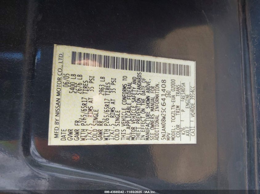 2005 Nissan Xterra Se VIN: 5N1AN08W25C641408 Lot: 43585342