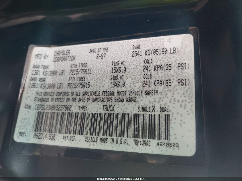 1997 Dodge Dakota Slt/Sport VIN: 1B7GL23X9VS297808 Lot: 43585345