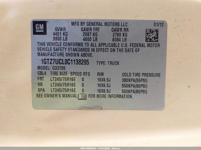 2012 GMC Savana 3500 Diesel VIN: 1GTZ7UCL0C1138295 Lot: 43585335