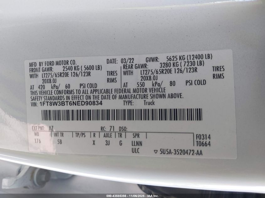 2022 Ford F-350 Lariat VIN: 1FT8W3BT6NED90834 Lot: 43585356