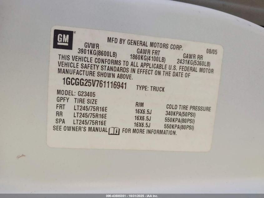 2006 Chevrolet Express Work Van VIN: 1GCGG25V761116941 Lot: 43585351