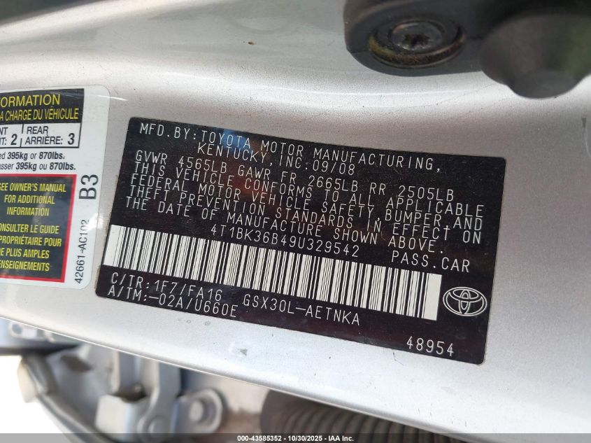 2009 Toyota Avalon Xl VIN: 4T1BK36B49U329542 Lot: 43585352