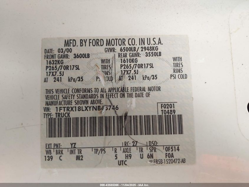 2000 Ford F-150 Lariat/Work Series/Xl/Xlt VIN: 1FTRX18LXYNB45746 Lot: 43585366