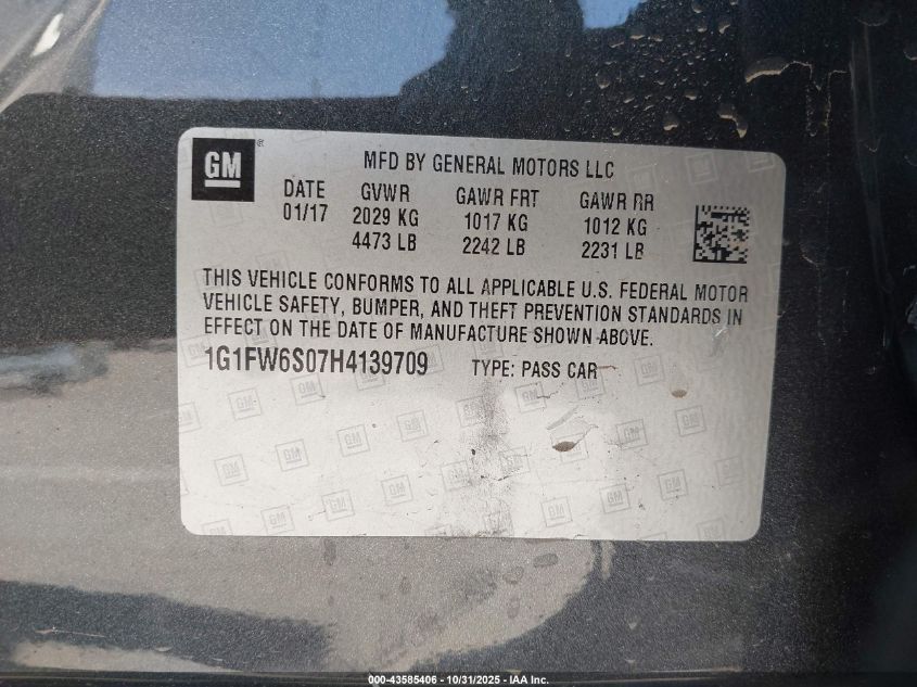 2017 Chevrolet Bolt Ev Lt VIN: 1G1FW6S07H4139709 Lot: 43585406