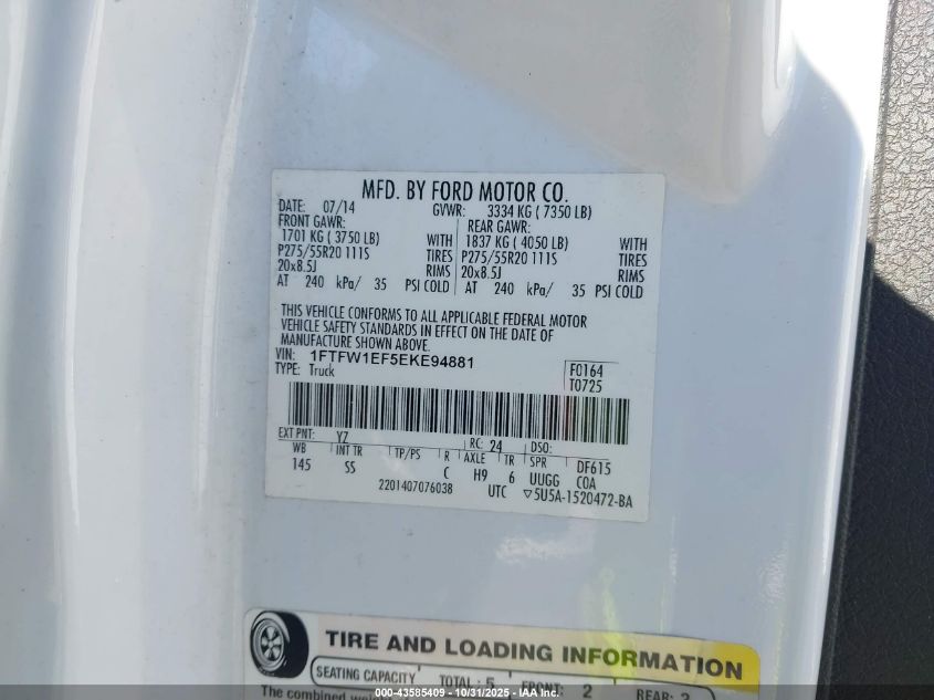 2014 Ford F-150 Stx VIN: 1FTFW1EF5EKE94881 Lot: 43585409