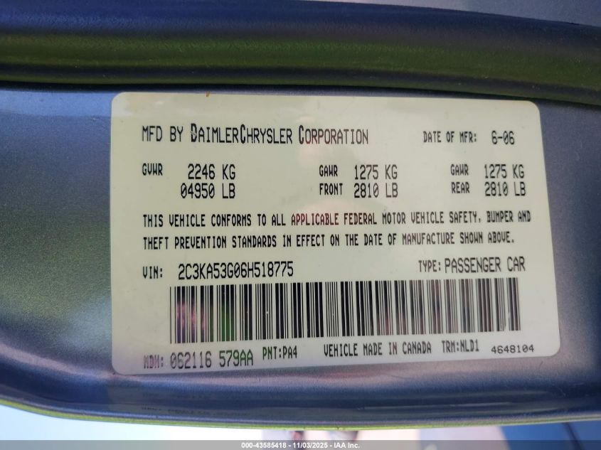 2006 Chrysler 300 Touring VIN: 2C3KA53G06H518775 Lot: 43585418