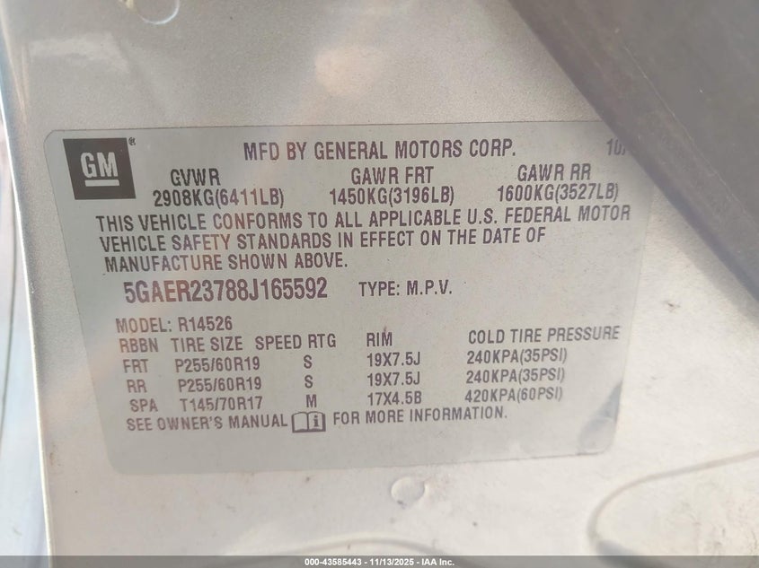 2008 Buick Enclave Cxl VIN: 5GAER23788J165592 Lot: 43585443