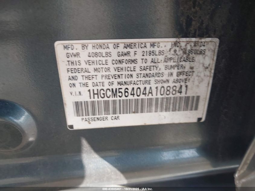 2004 Honda Accord 2.4 Lx VIN: 1HGCM56404A108841 Lot: 43585461