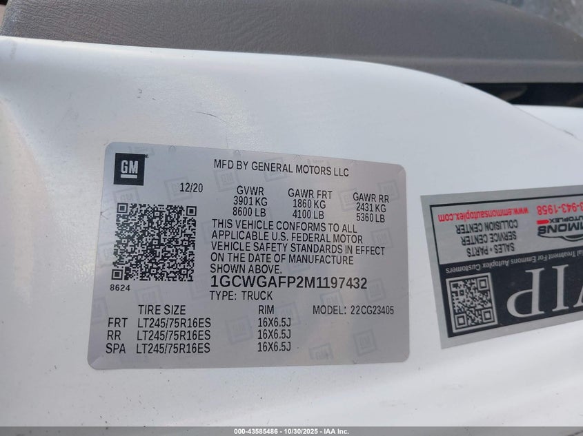 2021 Chevrolet Express Cargo Rwd 2500 Regular Wheelbase Wt VIN: 1GCWGAFP2M1197432 Lot: 43585486