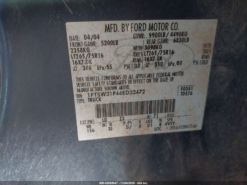 2004 Ford F-350 Lariat/Xl/Xlt VIN: 1FTSW31P44ED32472 Lot: 43585547