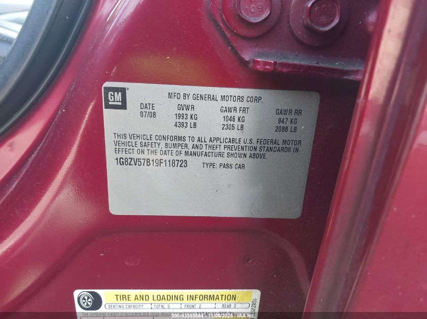 2009 Saturn Aura Xr VIN: 1G8ZV57B19F118723 Lot: 43585564