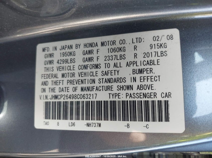 JHMCP26498C063217 2008 HONDA ACCORD photo no. 9