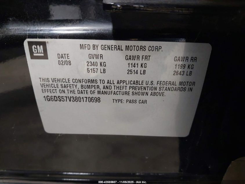 2008 Cadillac Cts Standard VIN: 1G6DS57V380170698 Lot: 43585607
