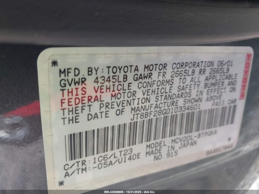 2001 Lexus Es 300 VIN: JT8BF28G010334601 Lot: 43585608