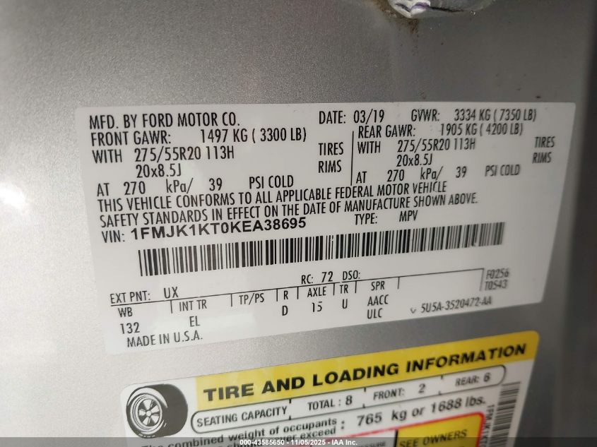 2019 Ford Expedition Max Limited VIN: 1FMJK1KT0KEA38695 Lot: 43585650