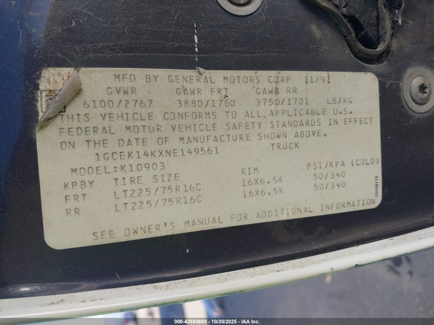 1992 Chevrolet Gmt-400 K1500 VIN: 1GCEK14KXNE149561 Lot: 43585669