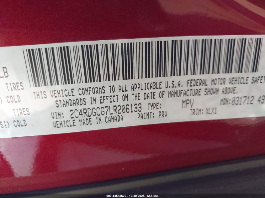 2020 Dodge Grand Caravan Sxt VIN: 2C4RDGCG7LR206133 Lot: 43585670