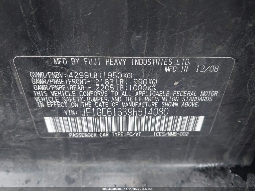 2009 Subaru Impreza 2.5I VIN: JF1GE61639H514080 Lot: 43585684