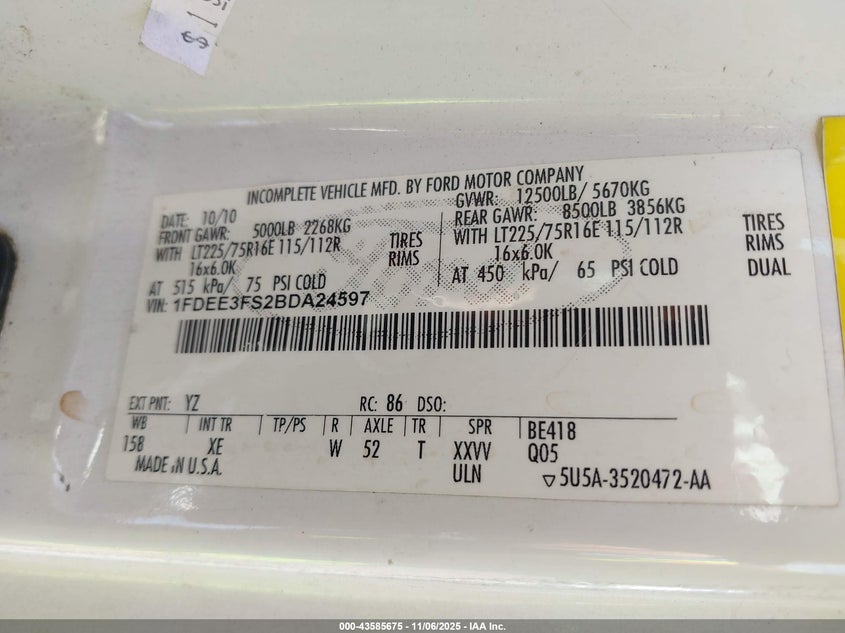 2011 Ford Econoline E350 Super Duty Ctway Van VIN: 1FDEE3FS2BDA24597 Lot: 43585675