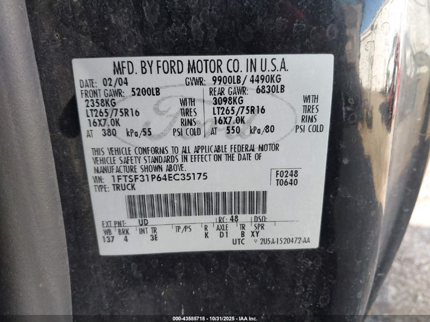2004 Ford F-350 Xl/Xlt VIN: 1FTSF31P64EC35175 Lot: 43585718