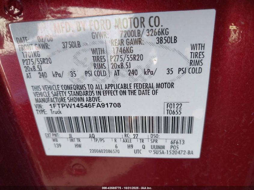 2006 Ford F-150 Fx4/Lariat/Xlt VIN: 1FTPW14546FA91708 Lot: 43585775