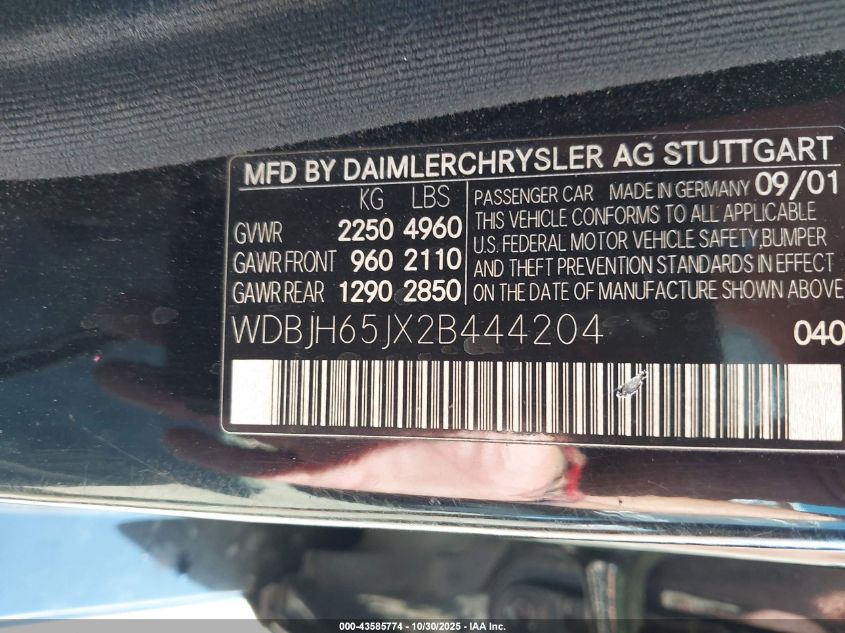 2002 Mercedes-Benz E 320 VIN: WDBJH65JX2B444204 Lot: 43585774