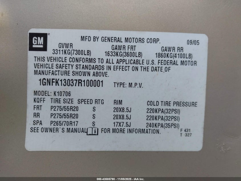 1GNFK13037R100001 2007 CHEVROLET TAHOE photo no. 9
