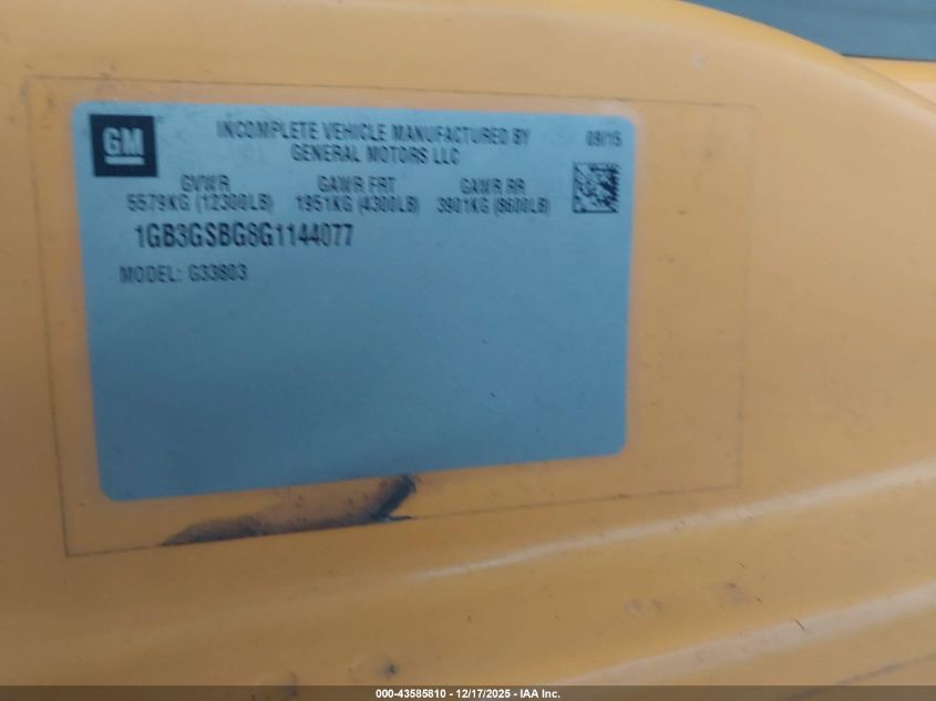 2016 Chevrolet Express Cutaway VIN: 1GB3GSBG8G1144077 Lot: 43585810