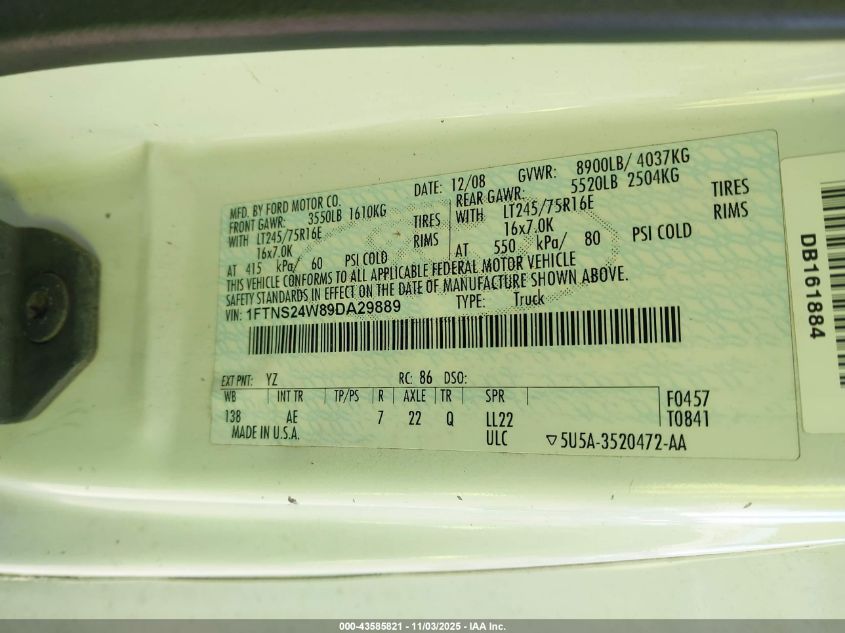 2009 Ford E-250 Commercial/Recreational VIN: 1FTNS24W89DA29889 Lot: 43585821
