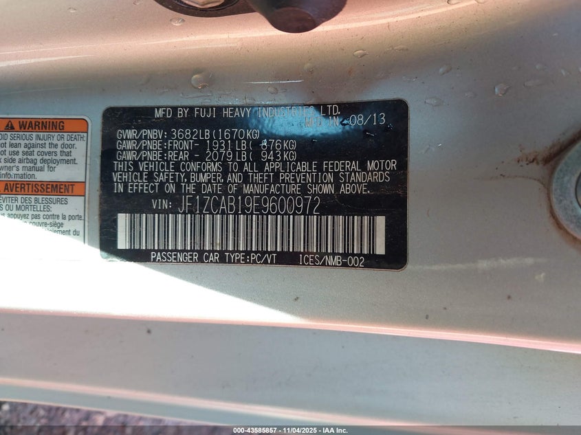 2014 SUBARU BRZ PREMIUM JF1ZCAB19E9600972